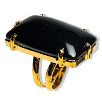 Anel Ônix Preto Cabochão Retangular Dourado Aro Ajustável