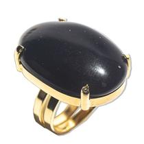 Anel Onix Preto Oval Pedra Natural Dourado Aro Ajustavel - CristaisdeCurvelo