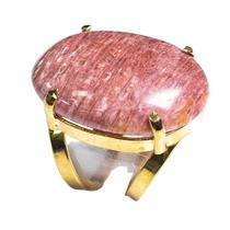 Anel Oval de Amazonita Vermelha com Aro Dourado Ajustável - Pacote com 5 Peças
