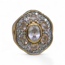 Anel Oval folheado a ouro com Quartzo rosa e Zircônias Aro 17