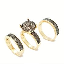 Anel Pavé Zirconias Chocolate E 2 Aparadores Trio Banho Ouro 18k 4583 Anel Pavé Zirconias Chocolate E 2 Aparadores Trio Banho Ouro 18k 4583