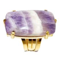 Anel Pedra Ametista Chevron Retangular Dourado Aro Ajustável