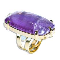 Anel Pedra Ametista Retangulo Cabochão Dourado Aro Ajustavel Anel Pedra Ametista Retangulo Cabochão Dourado Aro Ajustavel