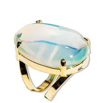Anel Pedra da Lua Opalina Cabochão Oval Banhado a Dourado - Pacote com 3 Unidades