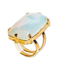 Anel Pedra da Lua Opalina Retangular Cabochão Dourado Aro Ajustável - Pacote com 3 Unidades