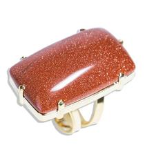 Anel Pedra do Sol Cabochão Retangular Dourado Aro Ajustavel Anel Pedra do Sol Cabochão Retangular Dourado Aro Ajustavel