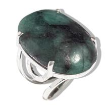 Anel Pedra Esmeralda Cabochão Oval Prata 950 Aro Ajustável