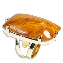 Anel Pedra Jaspe Amarelo Retangular Dourado Aro Ajustavel
