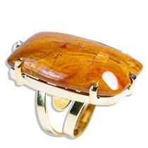 Anel Pedra Jaspe Amarelo Retangular Dourado Aro Ajustavel