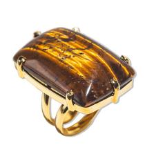Anel Pedra Olho de Tigre Retangular Aro Ajustável Dourado