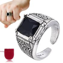 Anel Pedra Preta Prata 925 Brasão Trabalhado Ajustável