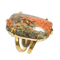 Anel Pedra Unakita Retangular Natural Dourado Aro Ajustavel