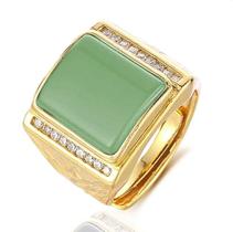 Anel pedra verde cravejado ajustável - banhado a ouro 18k