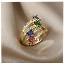 Anel pedras coloridas ajustável feminino banhado a ouro 18k