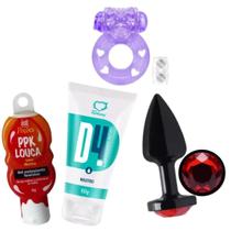 Anel peniano Silicone + Plug anal tamanho p + excitante feminino + lubrificante D4
