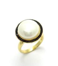 Anel Pérola Moldura Microzirconias Negras Banho Ouro 18k 2605