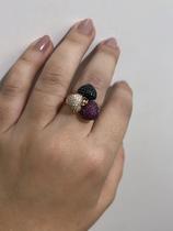 Anel Pingente Três/ 3 Corações Cravejados Coloridos- Semijoia banhada a ouro 18k