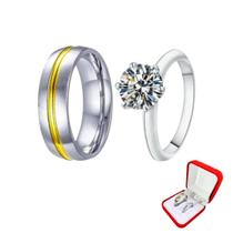 Anel Prata 6mm Casal Risco Ouro Tungstenio + Anel Solitario 2mm Prata Anatomico Pedra Branca