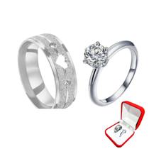Anel Prata 6mm Pedra Branca Coração Alto Brilho Friso + Anel 2mm Prata Pedra Zirconia Branca