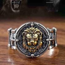 Anel Prata 925 Brasão Grande Leão Guerreiro Ajustável