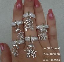 Anel Prata 925 Com 2 Pingentes Casal Filhos Aplique de Ouro