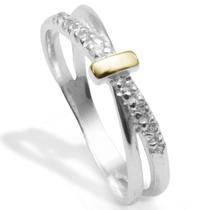Anel Prata 925 Solitário Zircônias e Filete de Ouro