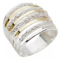 Anel Prata 925 Super Luxo Com Filetes De Ouro