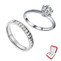 Anel Prata Namoro Pedras Brancas Zirconia 3mm + Anel Solitario Prata 2mm Pedra Zirconia Compromisso