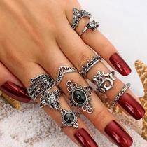 Anel Prateado Antiguidade Vintage Prata Kit 10 pçs Anel Prateado Antiguidade Vintage Prata Kit 10 pçs
