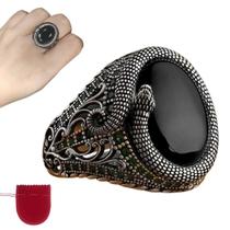 Anel Prateado Grande Cor Ônix Grafite Cobra Ajustável