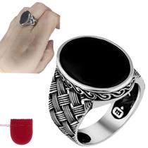 Anel Prateado Grande Cor Ônix Grafite Trançado Ajustável Anel Prateado Grande Cor Ônix Grafite Trançado Ajustável