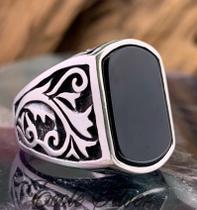 Anel Prateado Preto Esmaltado Trabalhado Regulável Anel Prateado Preto Esmaltado Trabalhado Regulável