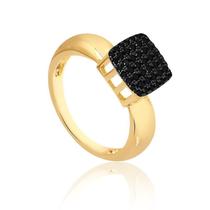Anel Quadrado Com Pedras De Zircônias Negras Folheado A Ouro
