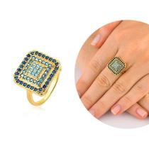 Anel Quadrado Degradê Cravejado Zircônias Coloridas Dourado Anel Quadrado Degradê Cravejado Zircônias Coloridas Dourado