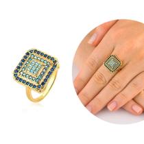Anel Quadrado Degradê Cravejado Zircônias Coloridas Dourado Anel Quadrado Degradê Cravejado Zircônias Coloridas Dourado