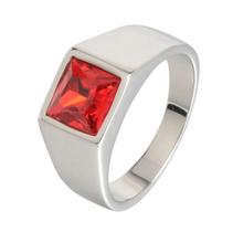 Anel Quadri Aço Prateado Comendador Pedra Vermelha Anel Quadri Aço Prateado Comendador Pedra Vermelha