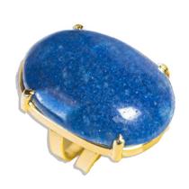 Anel Quartzo Azul Oval Pedra Natural Banho Dourado Ajustavel