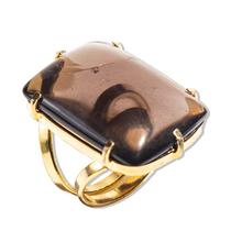 Anel Quartzo Fume Cabochão Retangular Dourado Aro Ajustavel