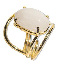 Anel Quartzo Leitoso Cabochão Oval Pequeno Dourado Ajustável Anel Quartzo Leitoso Cabochão Oval Pequeno Dourado Ajustável