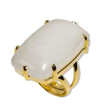 Anel Quartzo Leitoso Retangulo Banho Dourado Aro Ajustavel