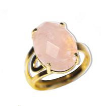Anel Quartzo Rosa Cabochão Facetado na Garra Dourado