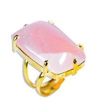 Anel Quartzo Rosa Retangular Aro Ajustável Dourado Anel Quartzo Rosa Retangular Aro Ajustável Dourado