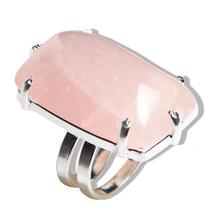 Anel Quartzo Rosa Retangular Aro Ajustável Prateado