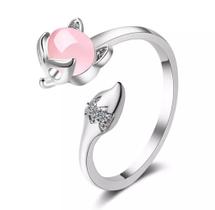 Anel Raposa Prateado Strass Delicado Detalhes Pedra Rosa