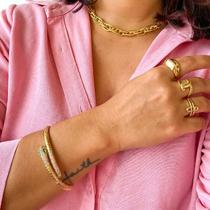 Anel regulável oval largo detalhe linha banhado a ouro 18k