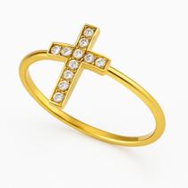 Anel Religioso Cruz 2mm Zircônia Ouro Feminino Brilhante Delicado Nfe