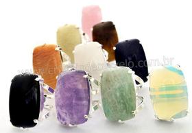 Anel Retangular com Pedras Mistas - Banho Prateado - Aro Ajustável - 10 Peças Anel Retangular com Pedras Mistas - Banho Prateado - Aro Ajustável - 10 Peças