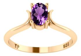 Anel Roma Solitário Prata 925 Dourada Ouro 18k - Ametista Anel Roma Solitário Prata 925 Dourada Ouro 18k - Ametista