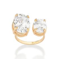 Anel rommanel banhado ouro 18k feminino ajustável grande maxi 2 pedra zircônias oval 513521