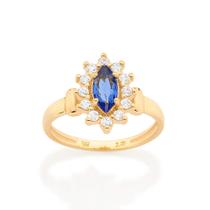Anel rommanel banhado ouro 18k feminino formatura cristal navete azul e pedra zircônias 513286